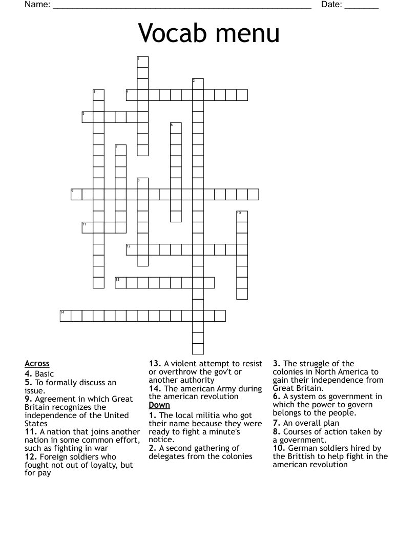 Vocab menu Crossword