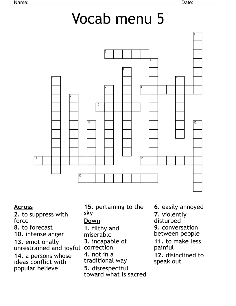Vocab menu 5 Crossword