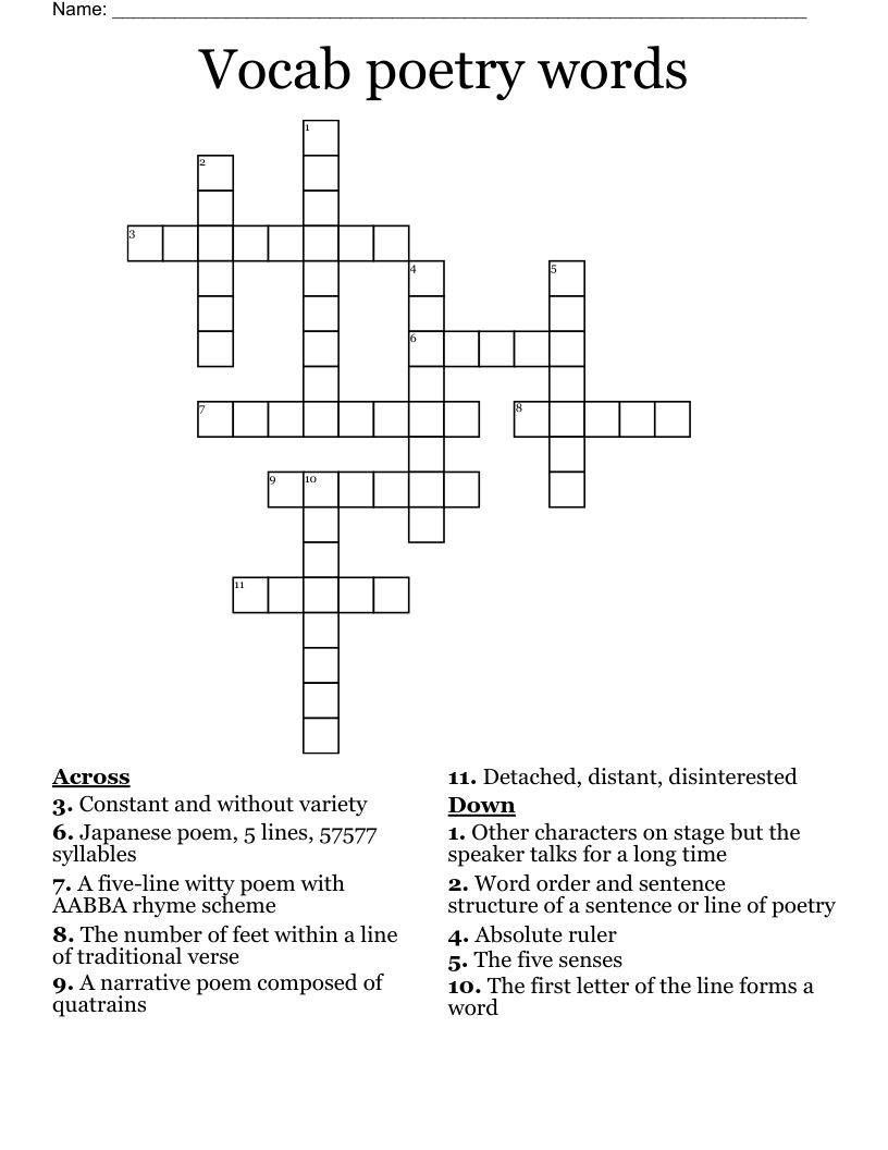 Vocab poetry words  Crossword