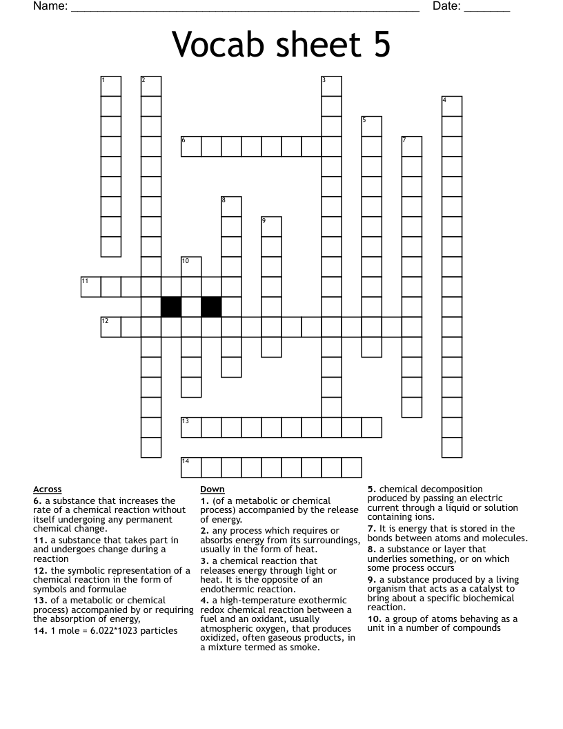 Vocab sheet 5  Crossword