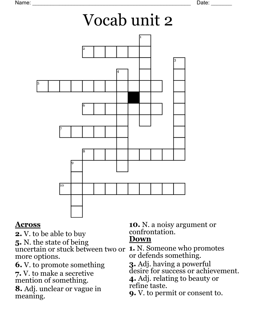Vocab unit 2 Crossword