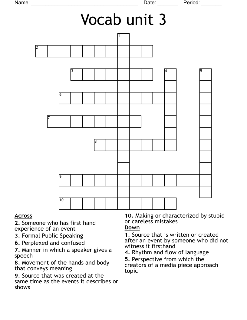 Vocab unit 3 Crossword