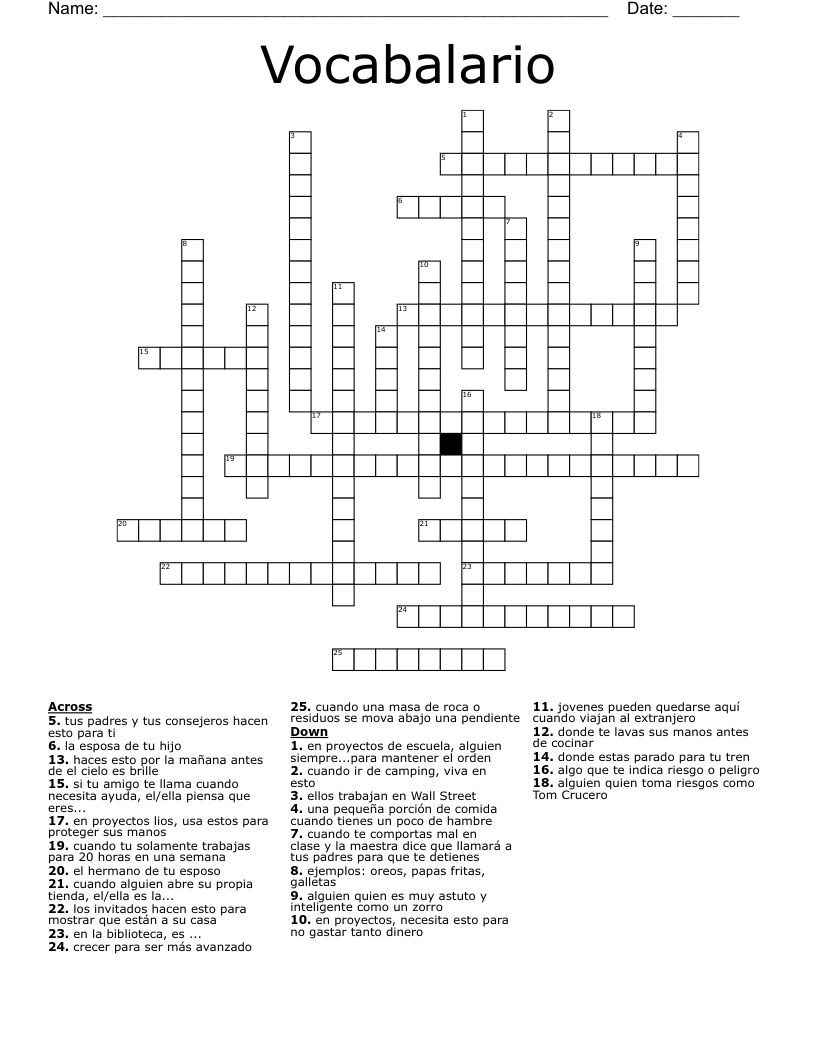 Vocabalario Crossword
