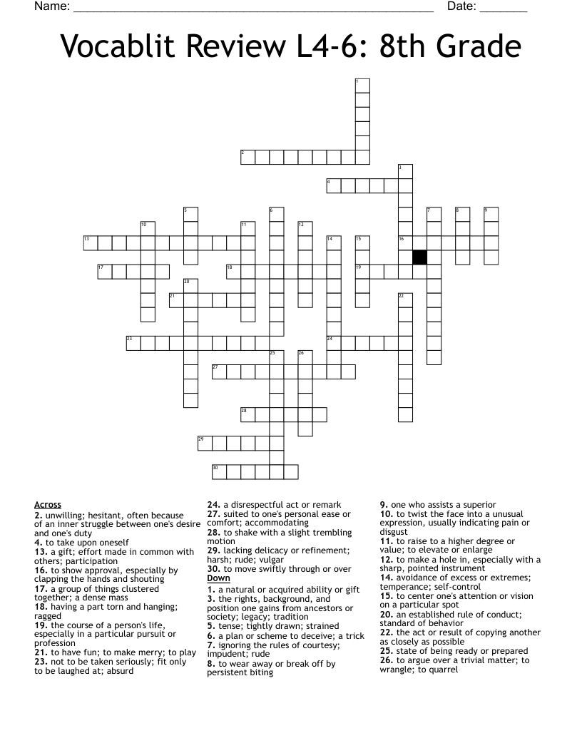 Vocablit Review L4-6: 8th Grade Crossword