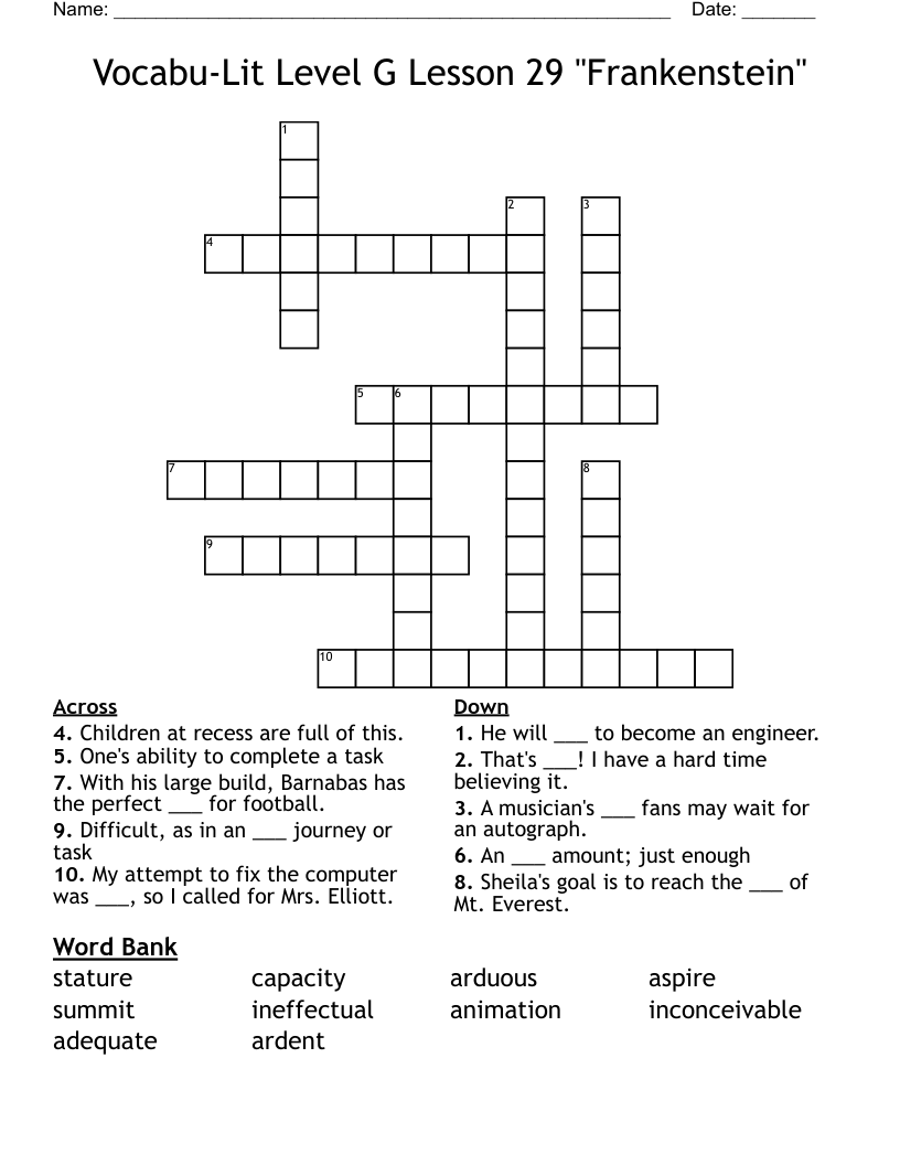 Vocabu-Lit Level G Lesson 29 "Frankenstein" Crossword