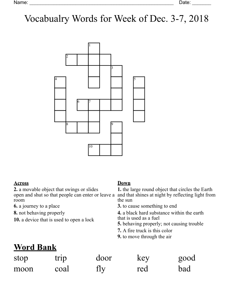 Vocabualry Words for Week of Dec. 3-7, 2018 Crossword