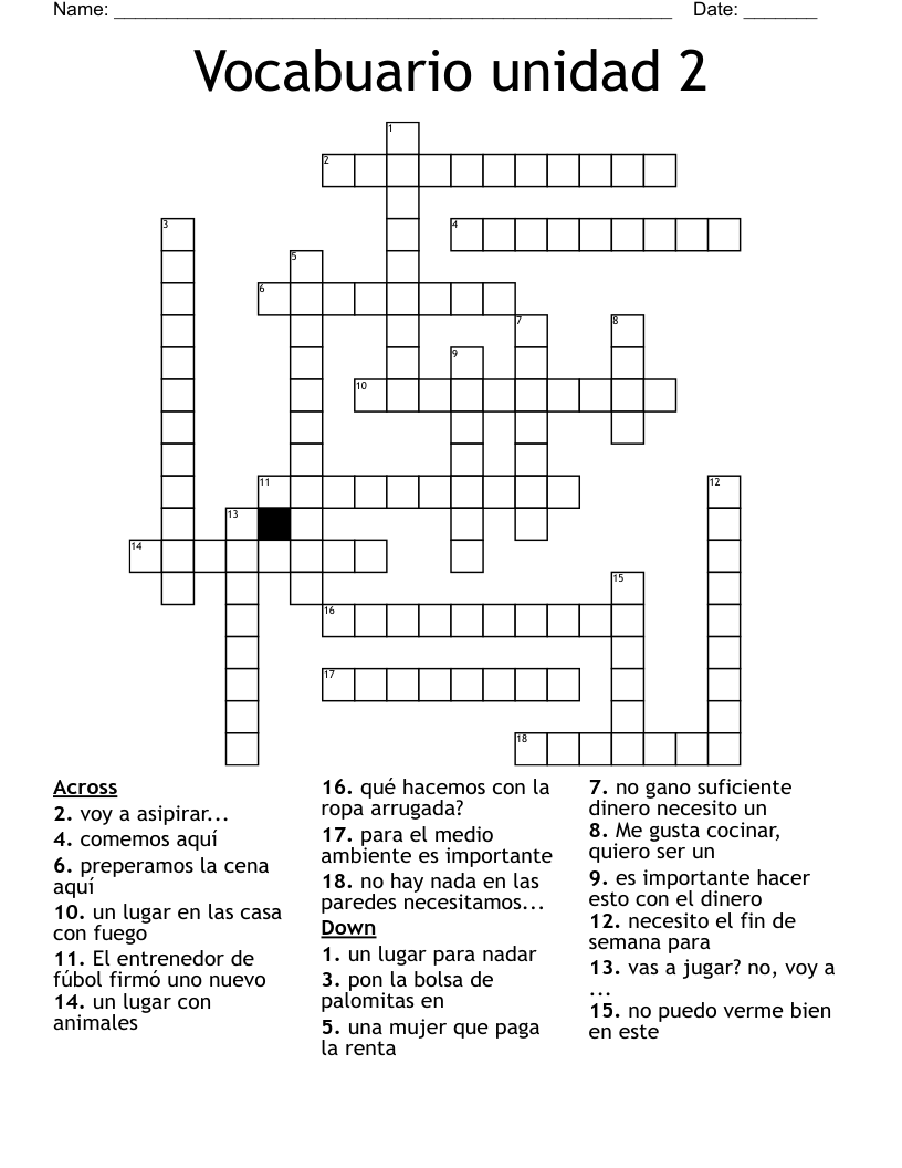 Vocabuario unidad 2 Crossword