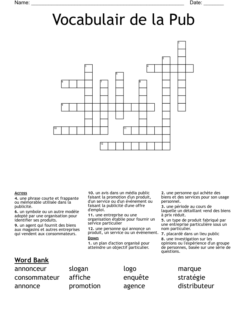 Vocabulair de la Pub Crossword