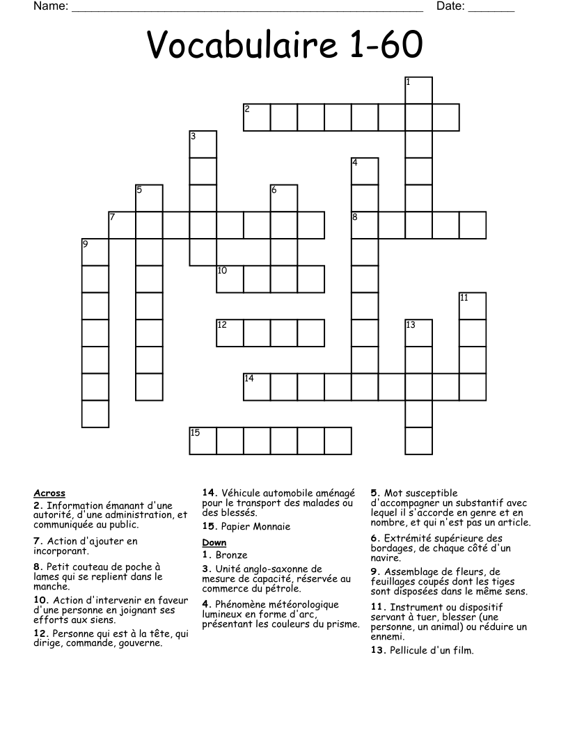 Vocabulaire 1-60 Crossword