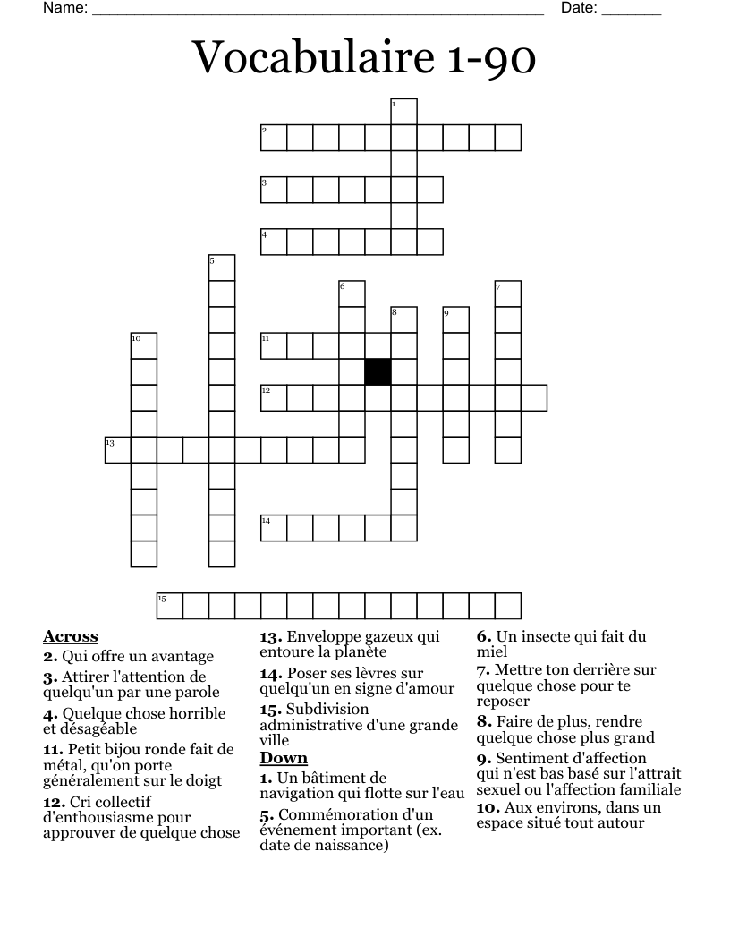 Vocabulaire 1-90 Crossword