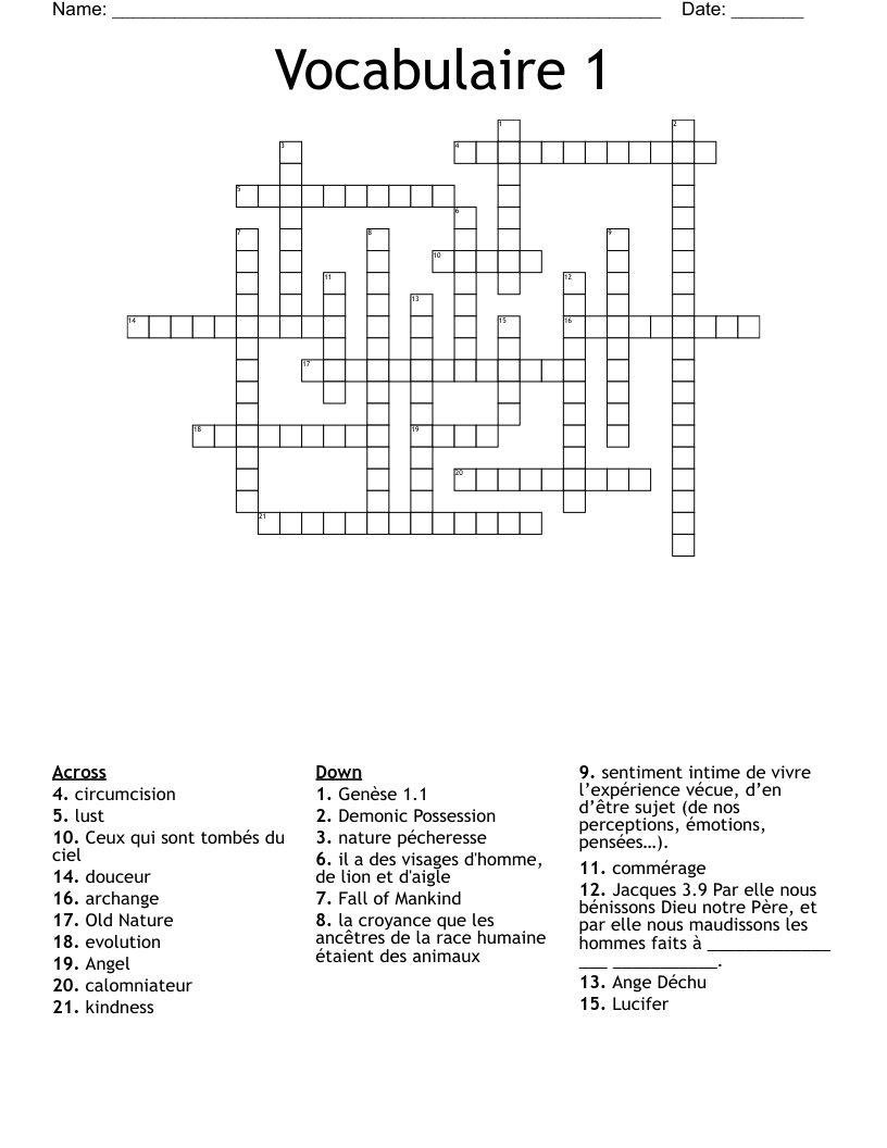 Vocabulaire 1 Crossword