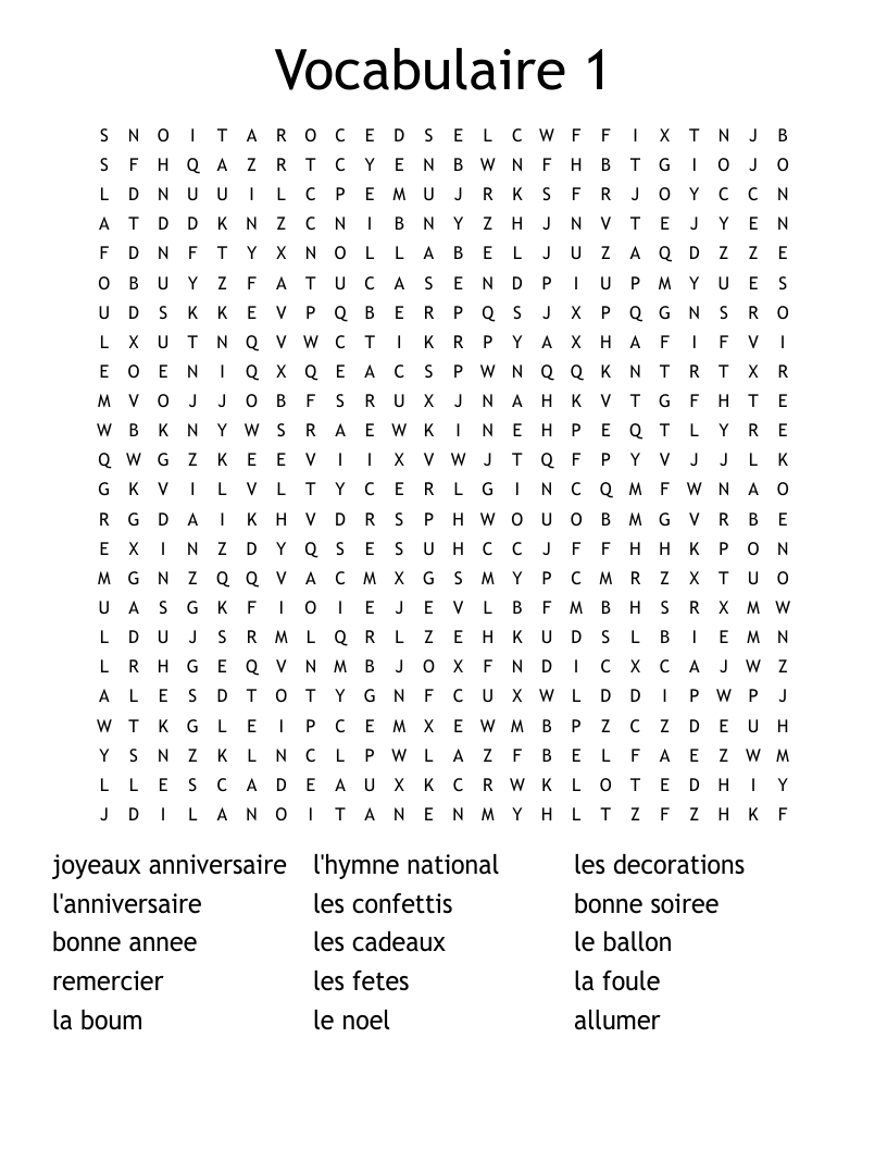 Vocabulaire 1 Word Search