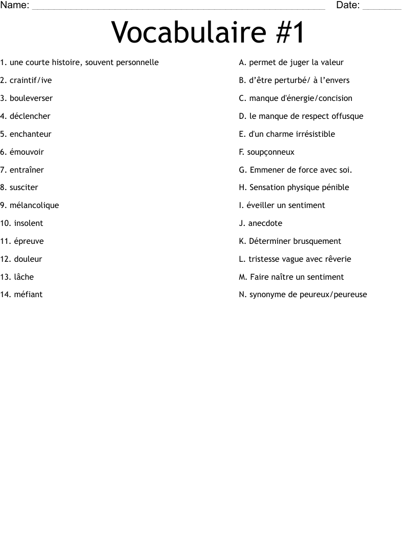 Vocabulaire #1  Worksheet