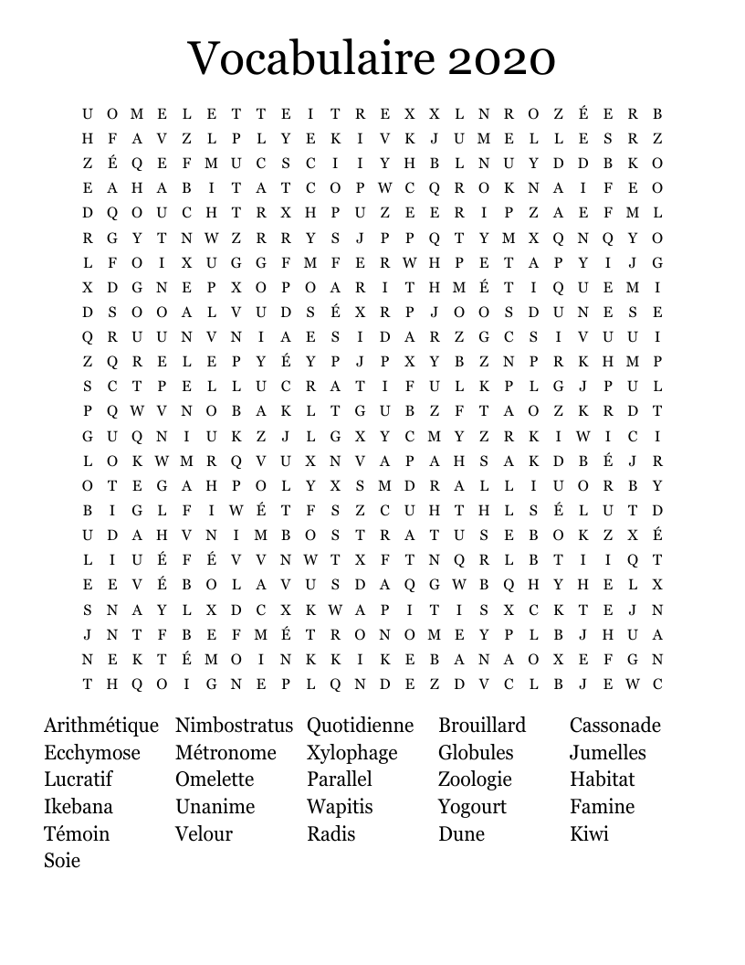 Vocabulaire 2020 Word Search