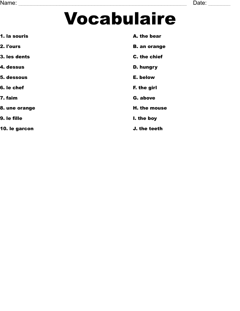Vocabulaire Worksheet
