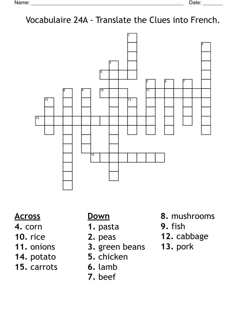 Vocabulaire 24A - Translate the Clues into French. Crossword