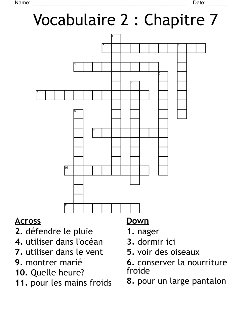 Vocabulaire 2 : Chapitre 7 Crossword