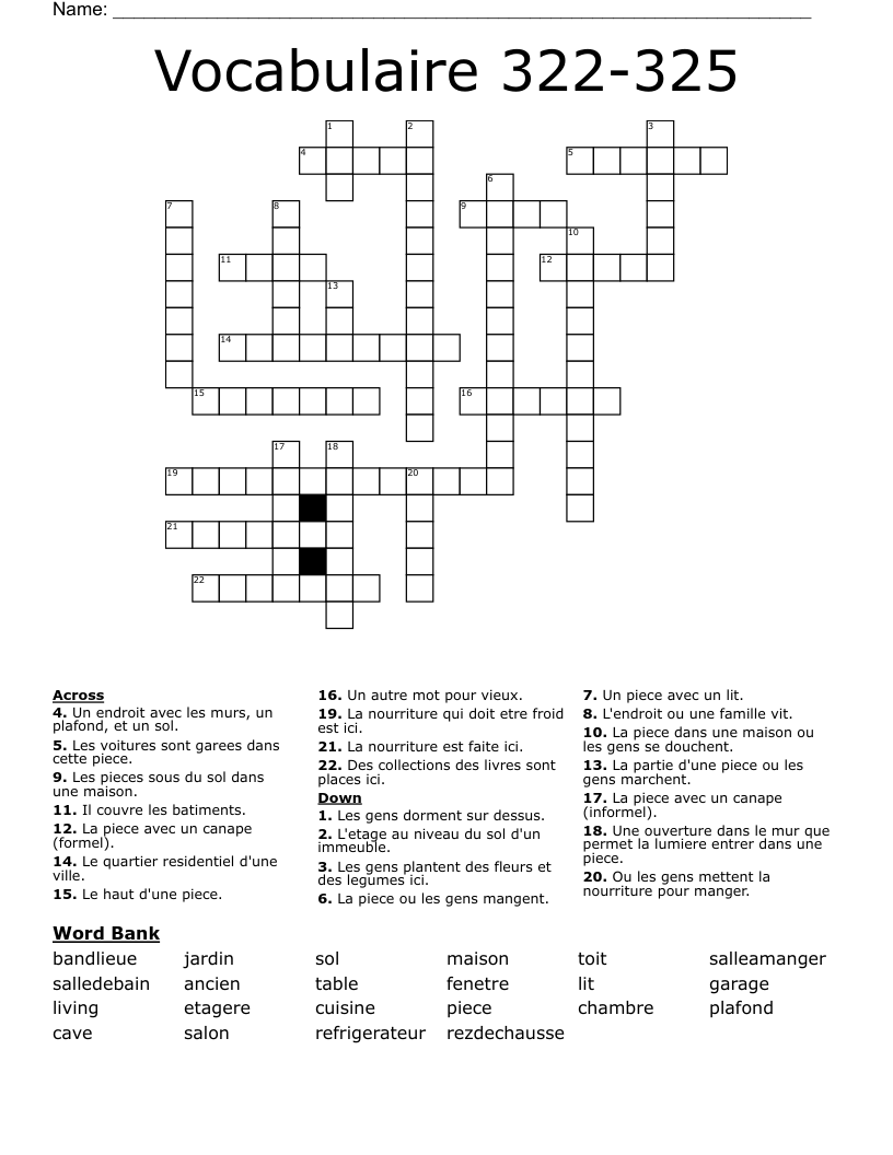 Vocabulaire 322-325 Crossword