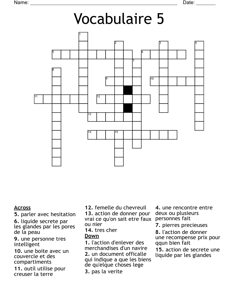 Vocabulaire 5 Crossword