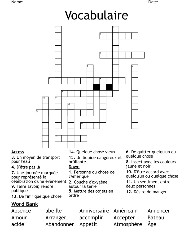 Vocabulaire Crossword