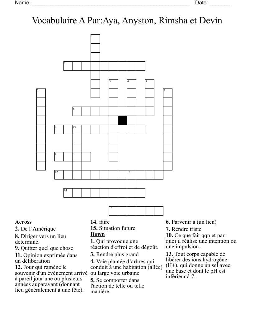 Vocabulaire A     Par:Aya, Anyston, Rimsha et Devin Crossword