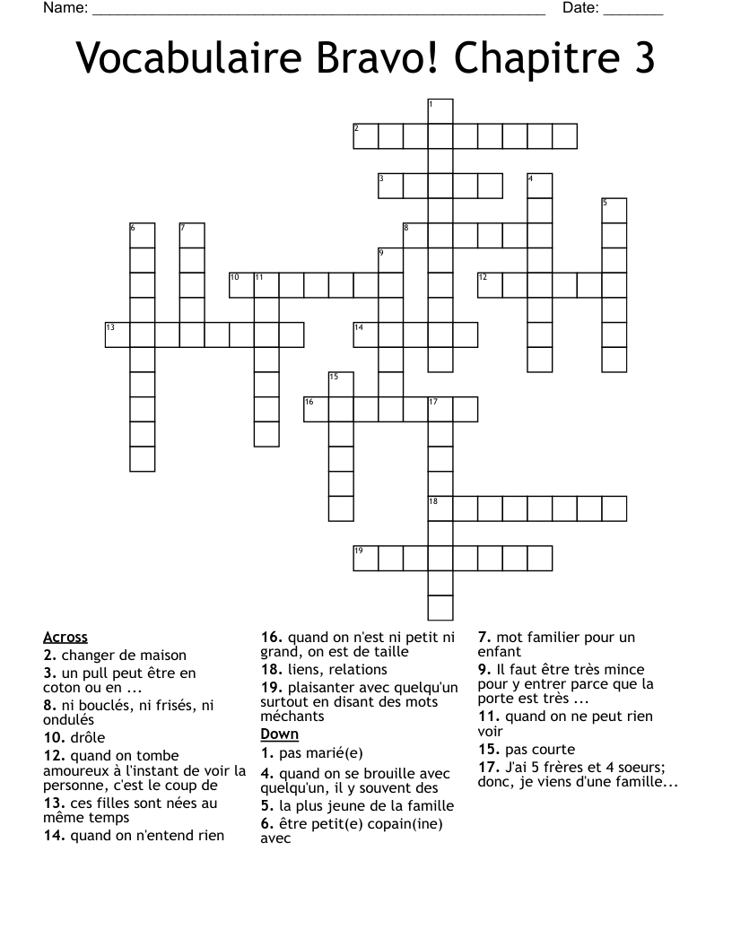 Vocabulaire Bravo! Chapitre 3 Crossword