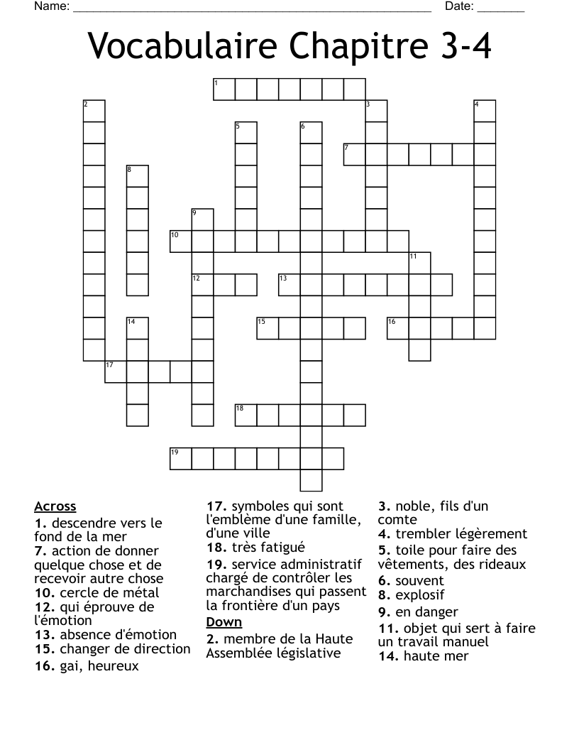 Vocabulaire Chapitre 3-4 Crossword