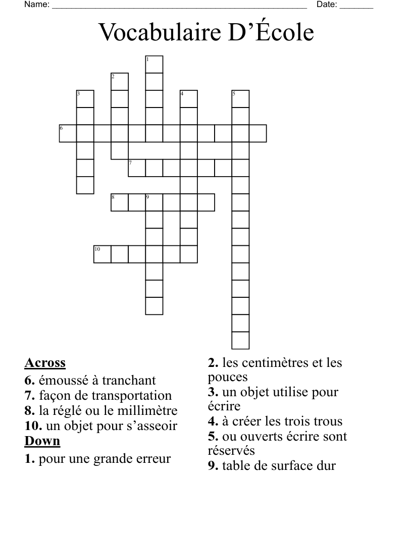 Vocabulaire D’École Crossword