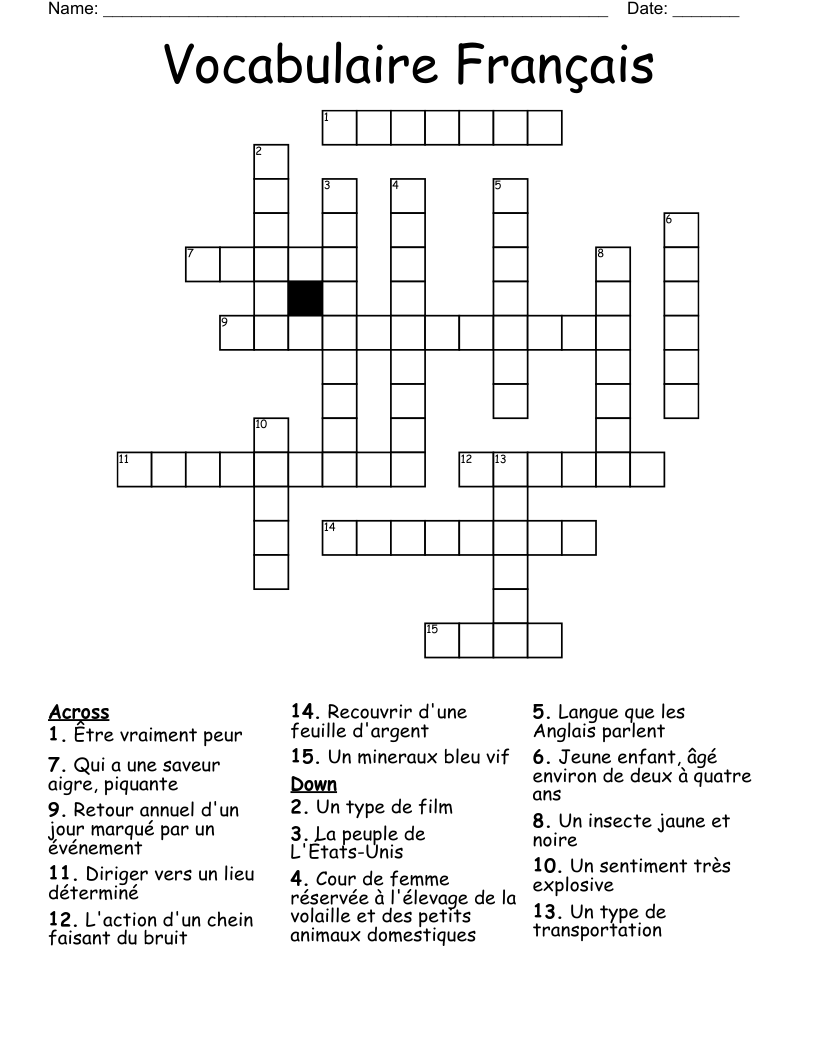 Vocabulaire Français Crossword