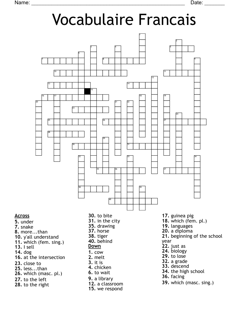 Vocabulaire Francais Crossword