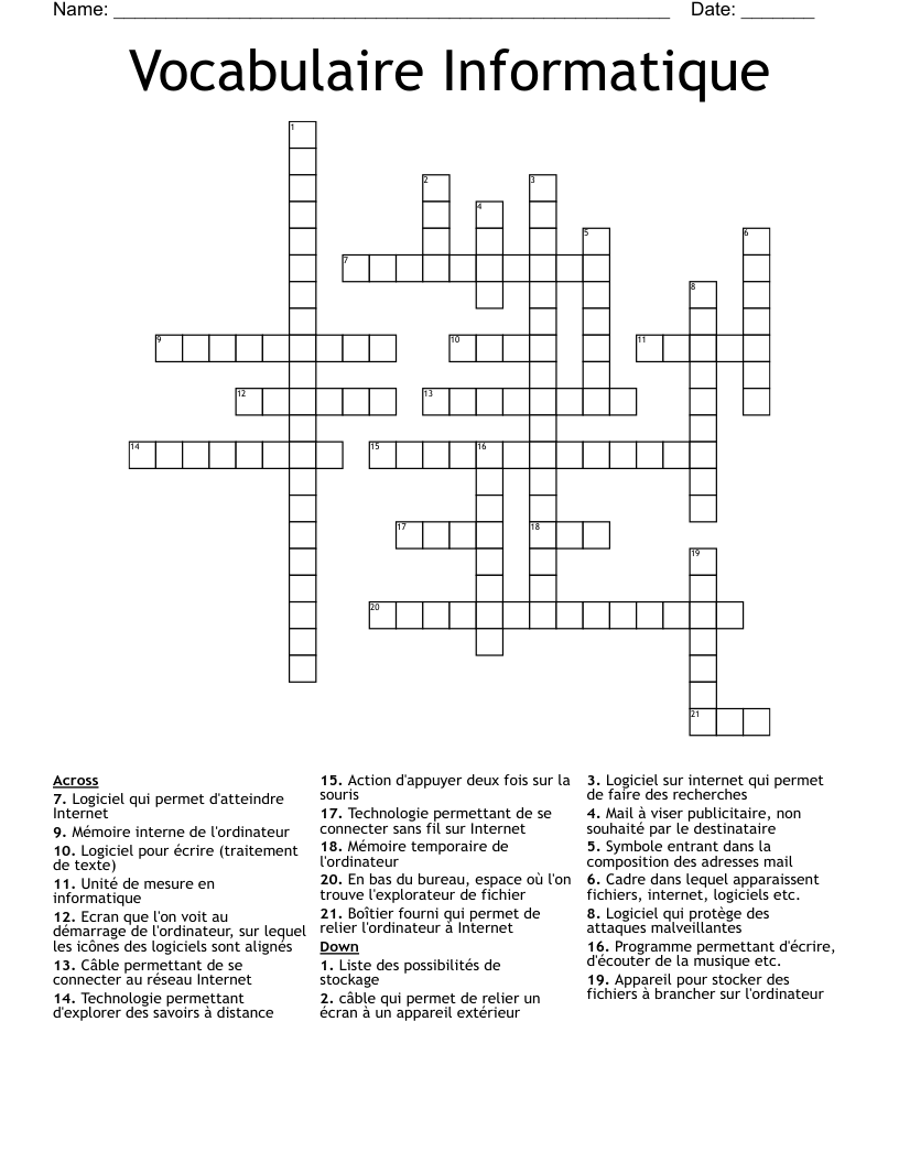 Vocabulaire Informatique Crossword