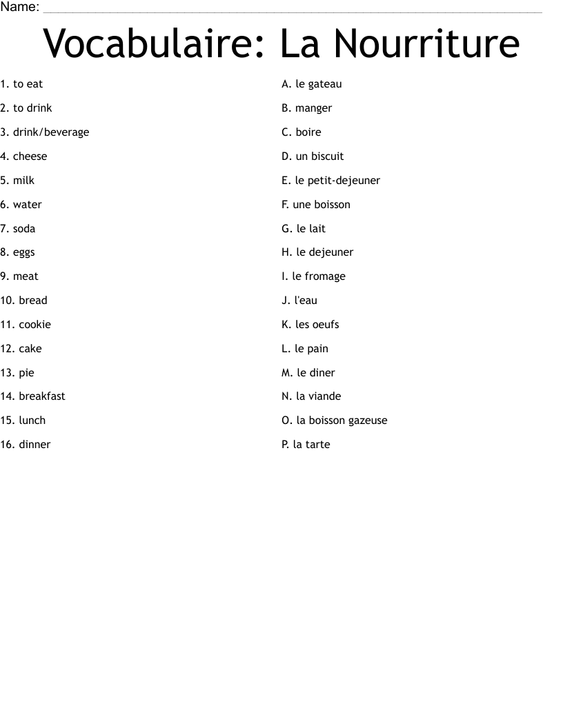 Vocabulaire: La Nourriture Worksheet