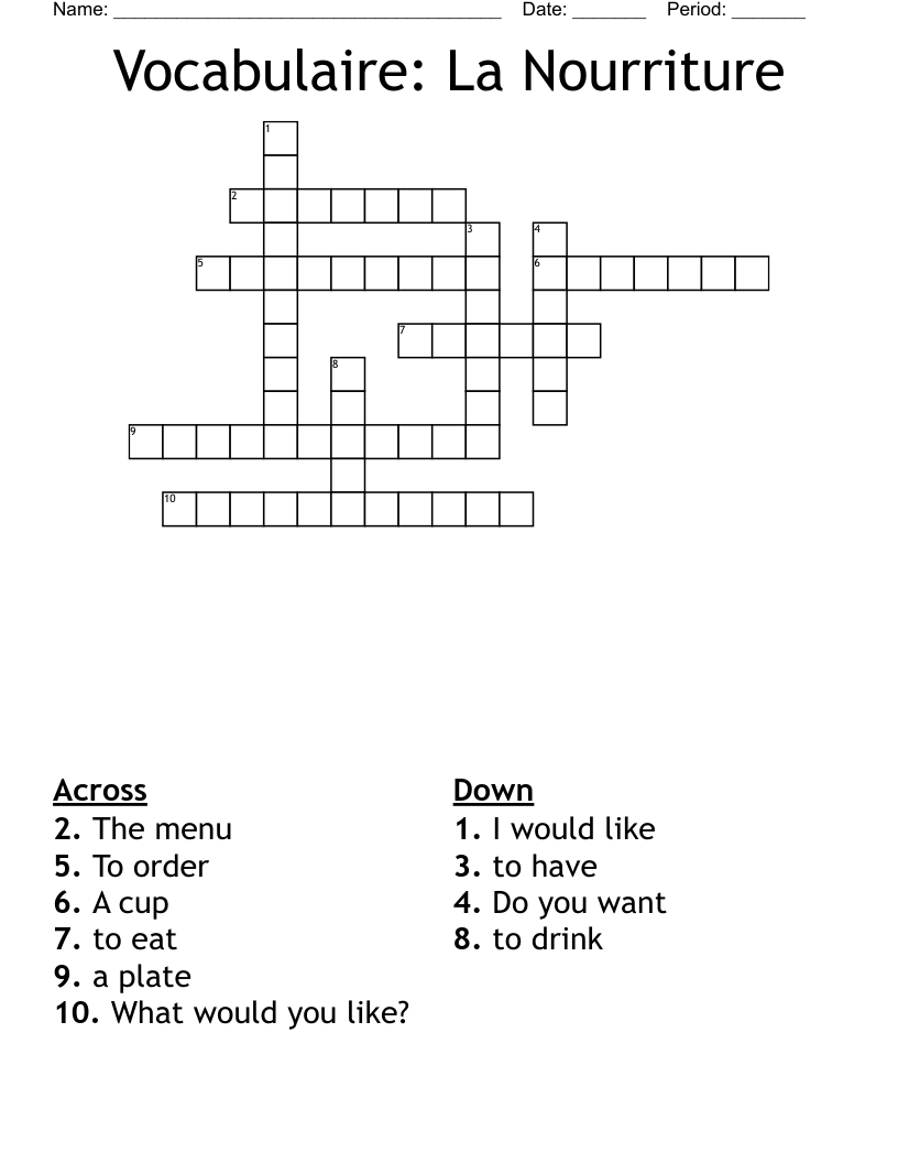 Vocabulaire: La Nourriture Crossword