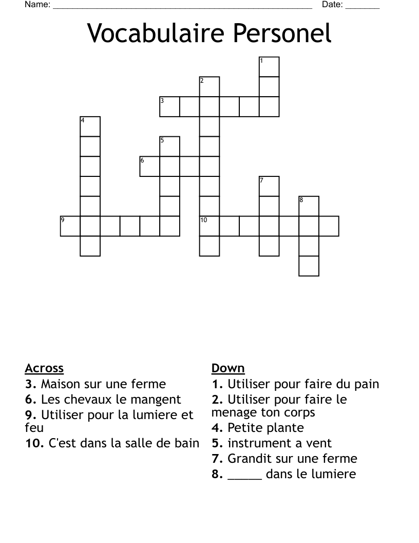 Vocabulaire Personel Crossword