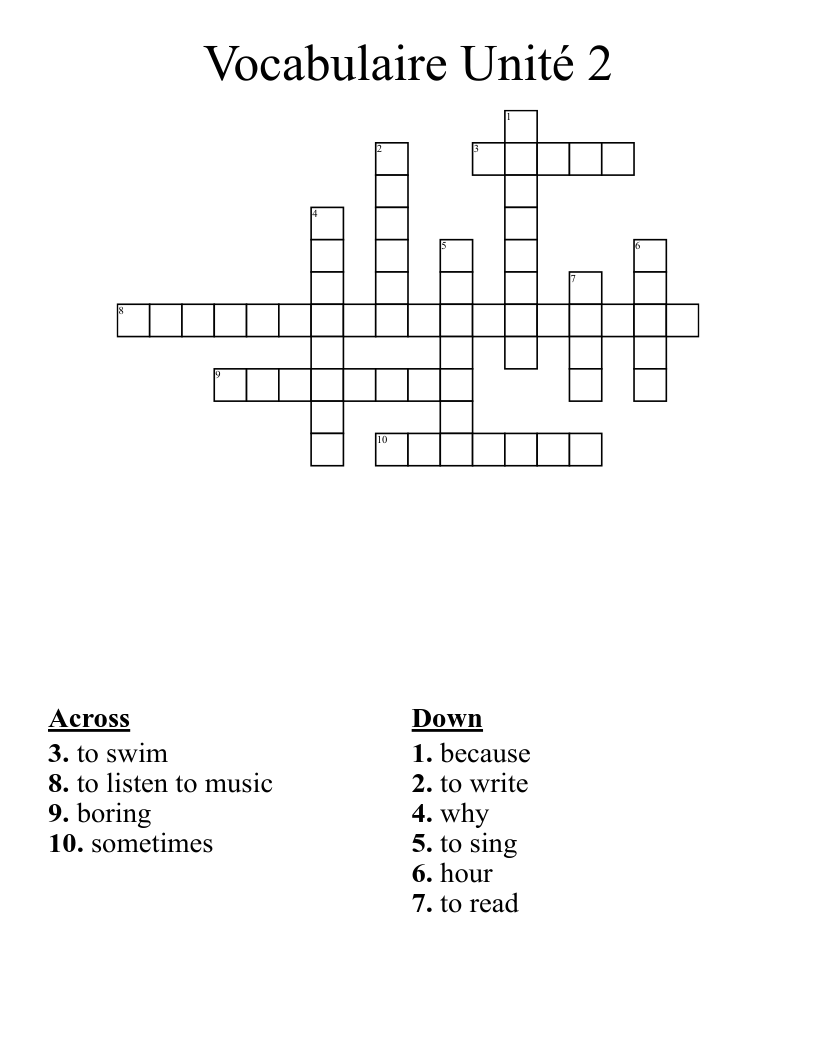 Vocabulaire Unité 2 Crossword