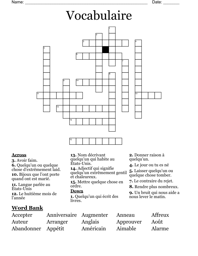 Vocabulaire  Crossword