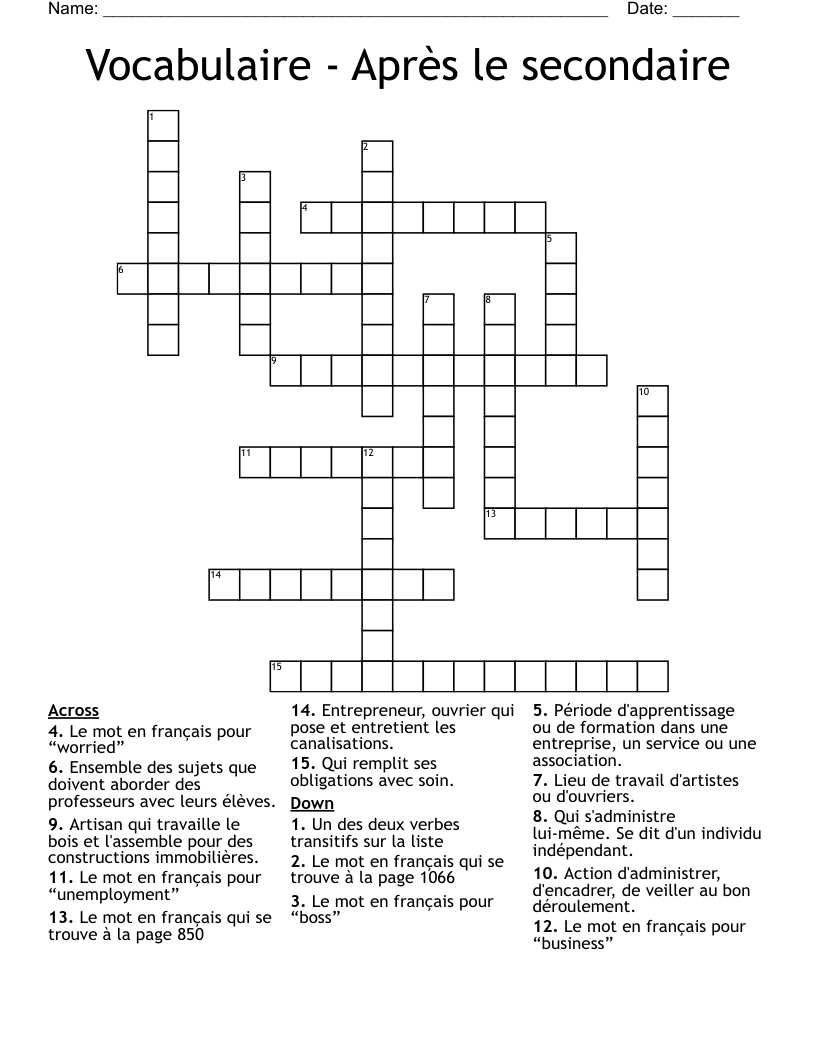 Vocabulaire - Après le secondaire Crossword