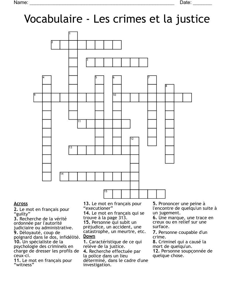 Vocabulaire - Les crimes et la justice Crossword