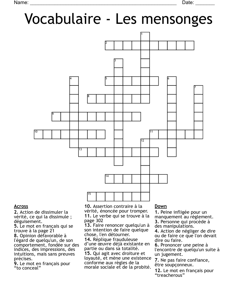Vocabulaire - Les mensonges Crossword