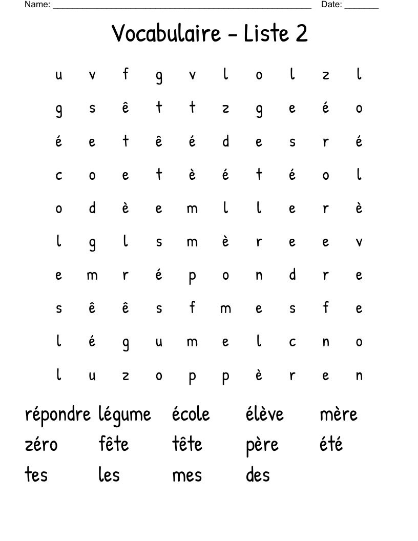 Vocabulaire - Liste 2 Word Search