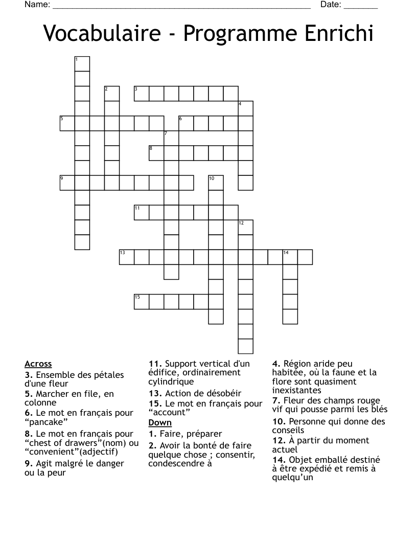 Vocabulaire - Programme Enrichi Crossword