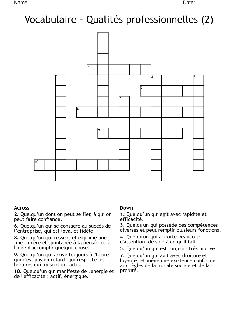 Vocabulaire - Qualités professionnelles (2) Crossword