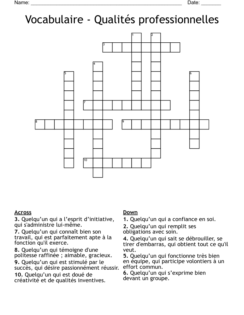 Vocabulaire - Qualités professionnelles Crossword