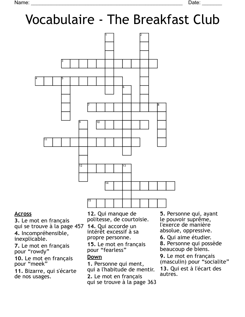 Vocabulaire - The Breakfast Club Crossword