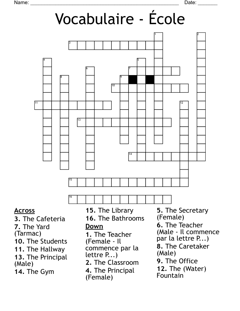 Vocabulaire - École Crossword