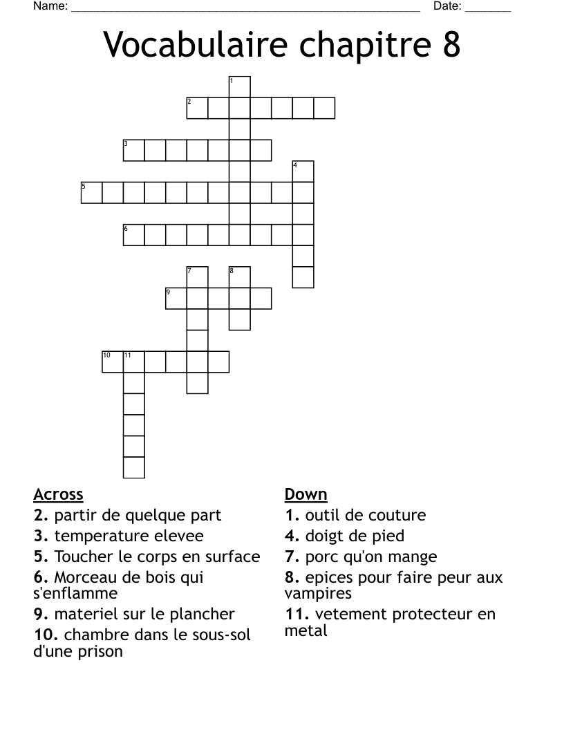 Vocabulaire chapitre 8 Crossword