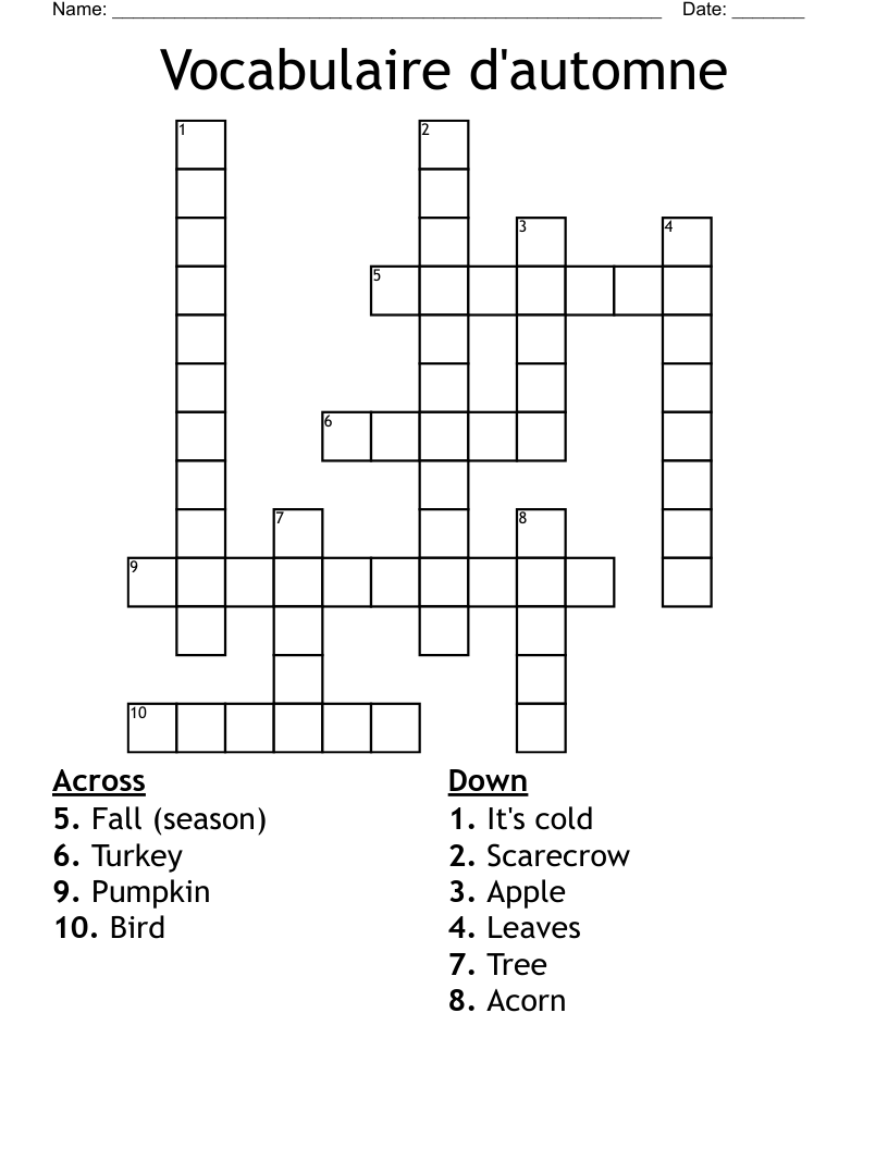 Vocabulaire d'automne Crossword