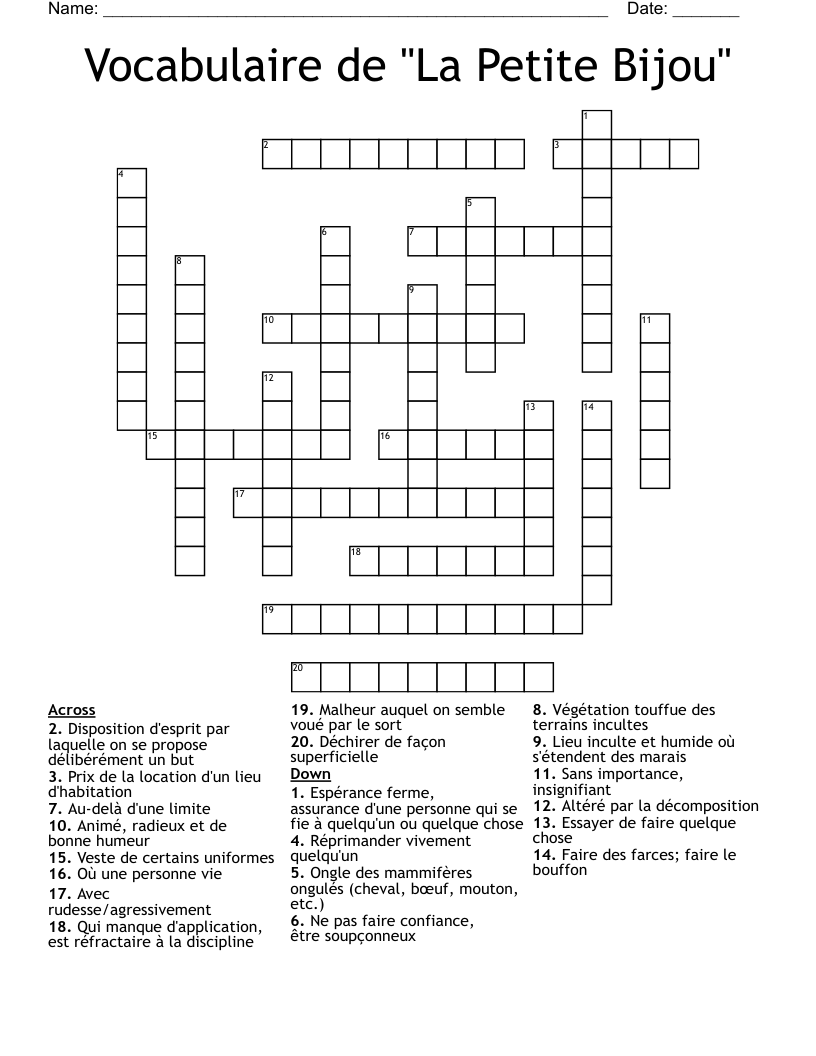 Vocabulaire de "La Petite Bijou" Crossword