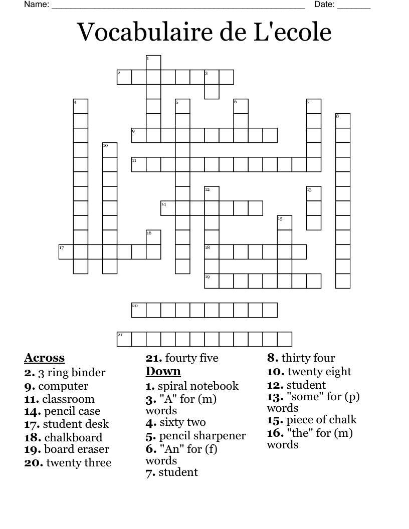 Vocabulaire de L'ecole Crossword
