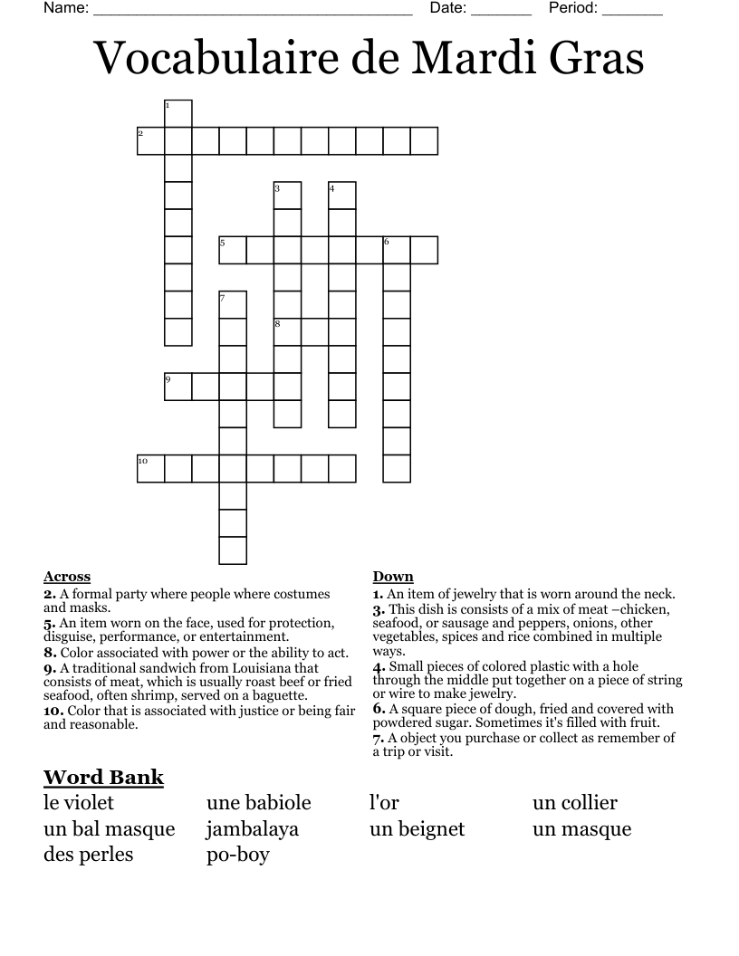 Vocabulaire de Mardi Gras Crossword